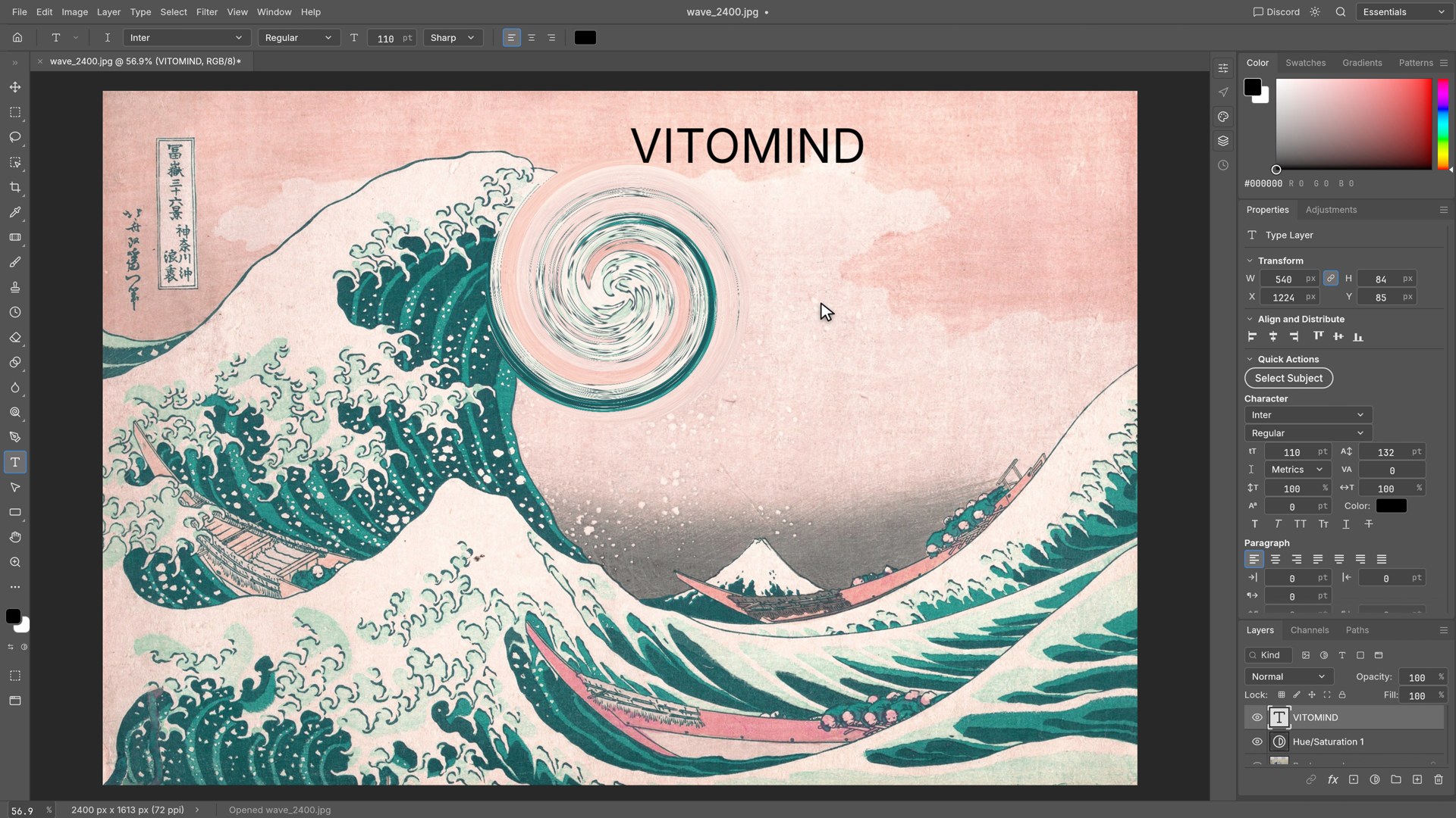 A Hue/Saturation adjustment layer and an editable type layer, in a browser tab.