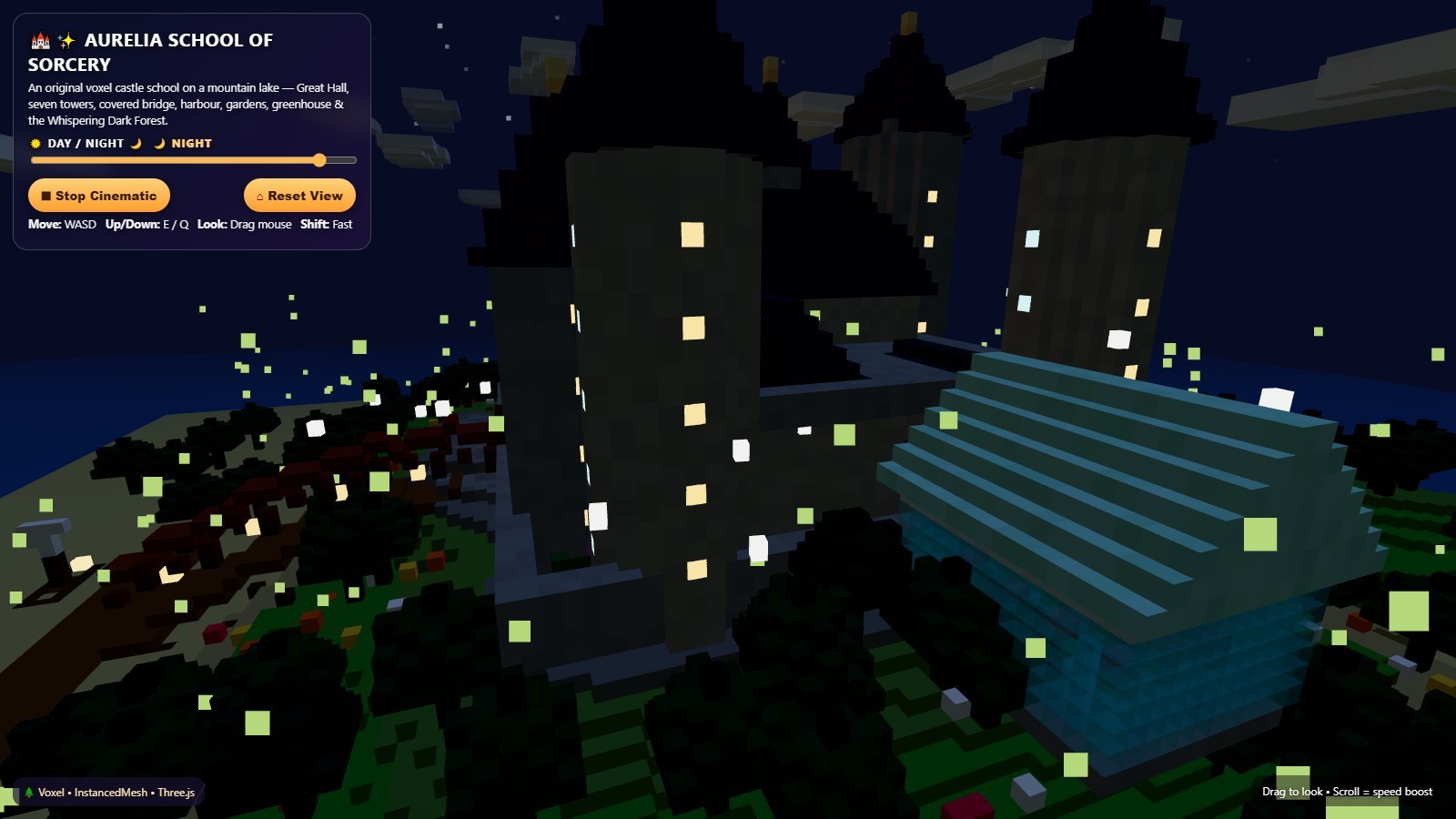Meta Muse Wonder, Voxel Castle School: towers, a greenhouse and a bridge, with much less landscape than the other two.