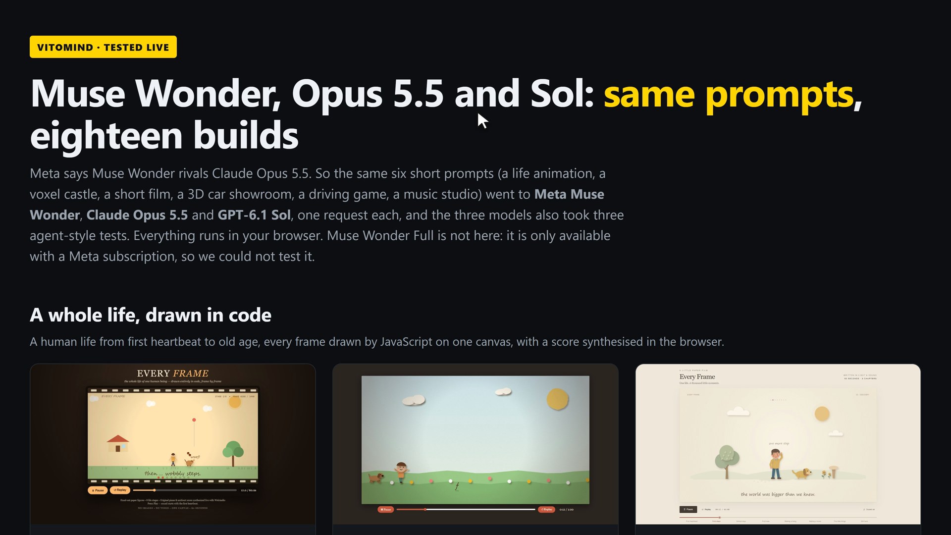 The gallery on ruocco.it: six prompts, three models side by side, plus the three agent tests and the cost table.