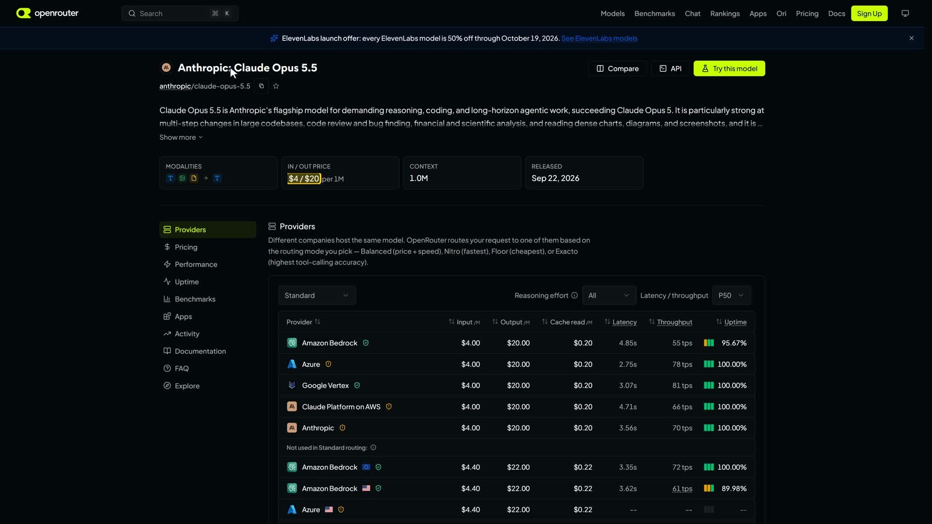 The OpenRouter listing: the same 4 dollar and 20 dollar prices as Claude Opus 5.5, and a one million token context.