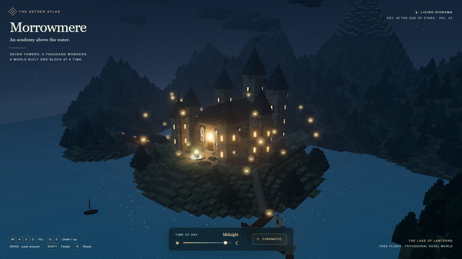 GPT-6.1 Sol, Morrowmere: fog, warm windows and a deep blue lake at night.