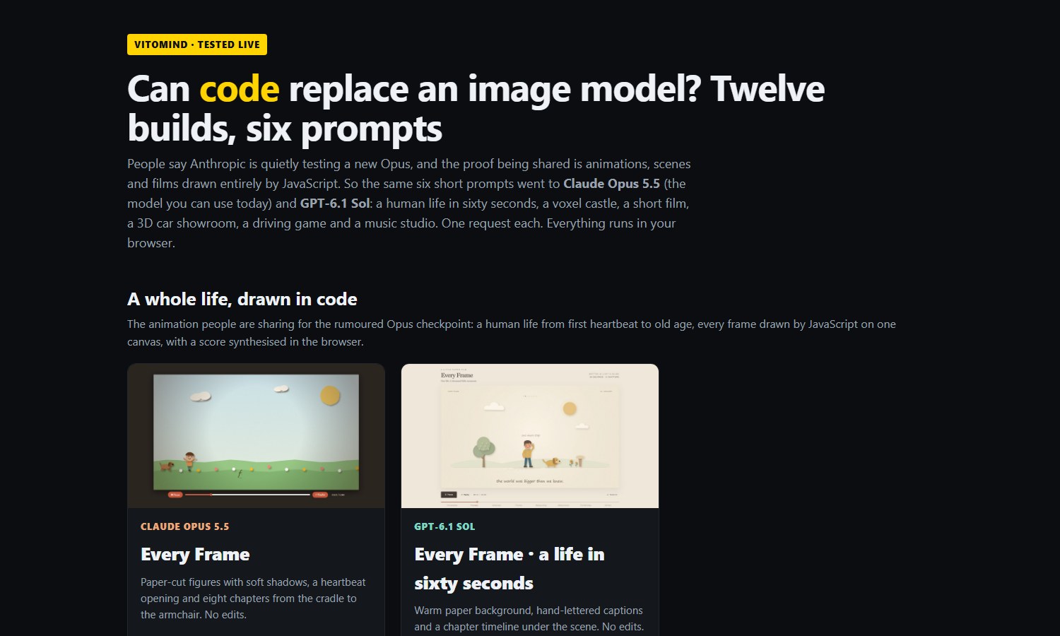 The gallery on ruocco.it: twelve builds, two per prompt, every one playable in your browser.