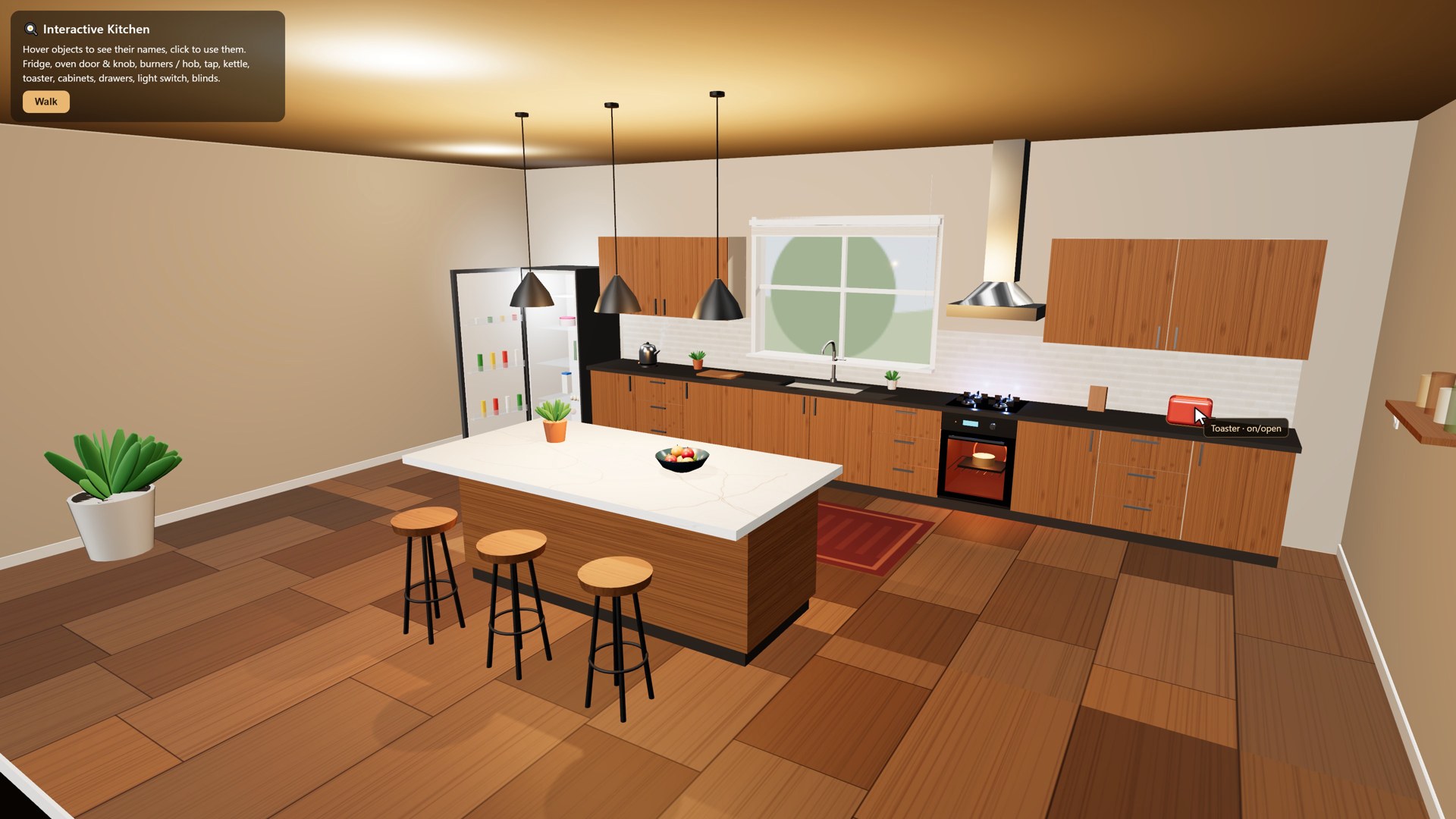 Claude Opus 5.5's kitchen after a few clicks: fridge open, oven glowing, hob lit. Thirty-two parts work.