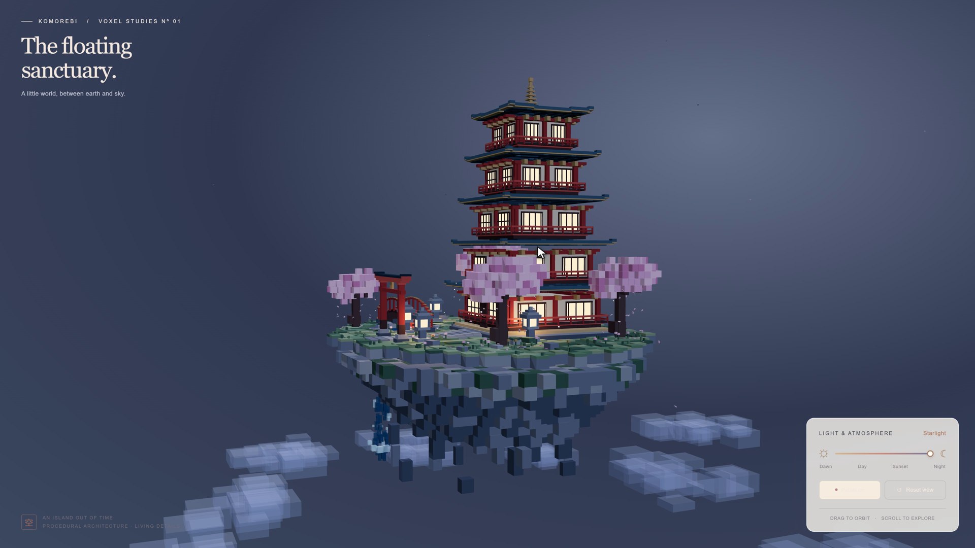 GPT-6.1 Sol's voxel pagoda at night: lanterns and windows glowing, fireflies, the island floating above the clouds.