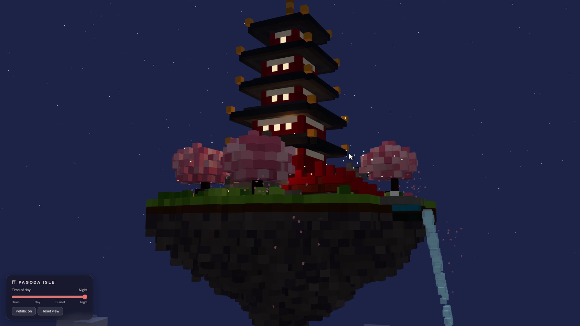 Claude Opus 5.5's pagoda with the slider pushed to night: a proper starry sky, but a camera that starts too close.