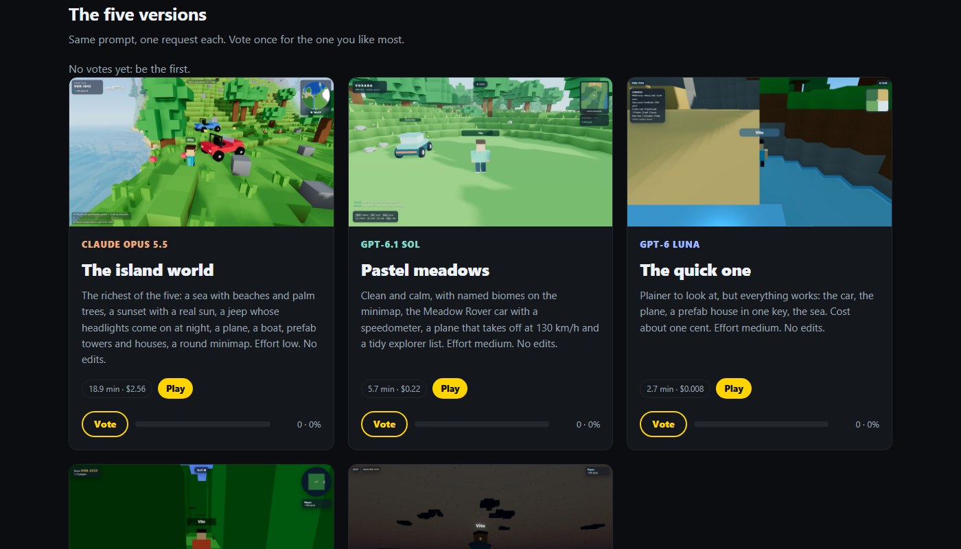 The VOXARA gallery on ruocco.it: five versions, each with its cost, my notes, a Play button and a Vote button.
