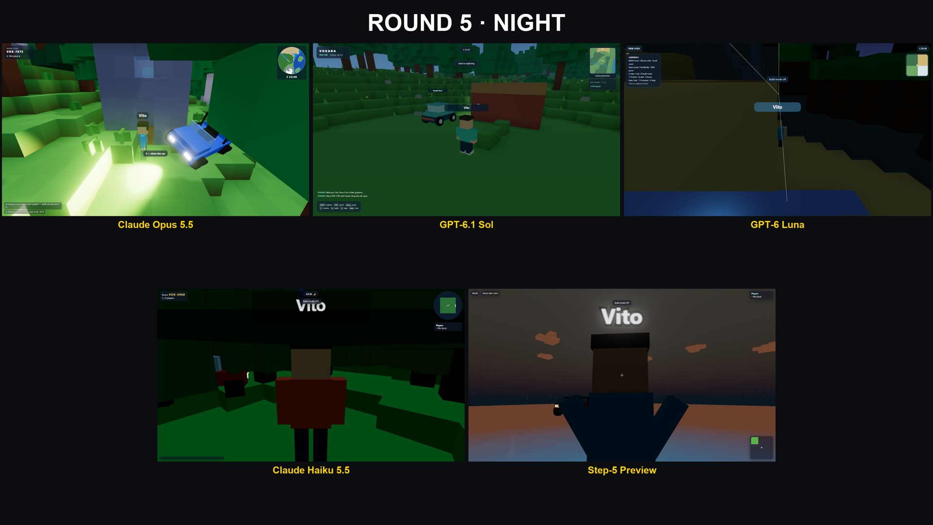 Round five, night: only Opus's jeep lights the way.