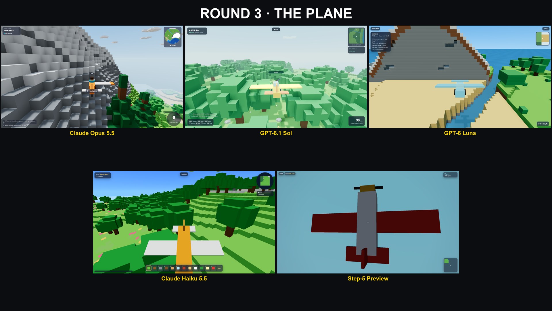 Round three, the plane: all five take off.