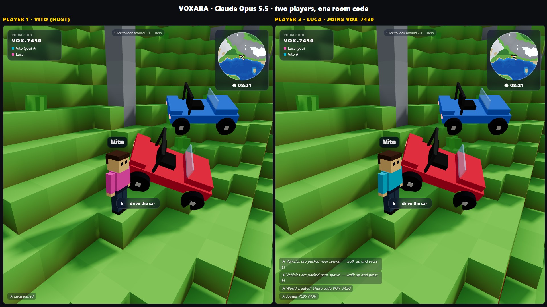 Two players in the same VOXARA world: the host on the left, the guest who joined with the room code on the right.