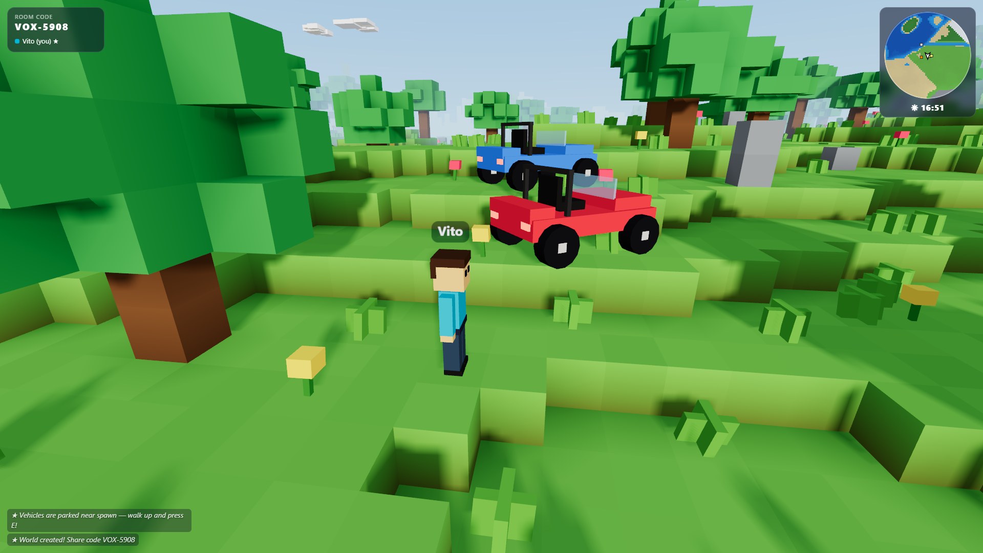 Claude Opus 5.5's VOXARA: an island world with beaches, palm trees and a jeep parked at the spawn.