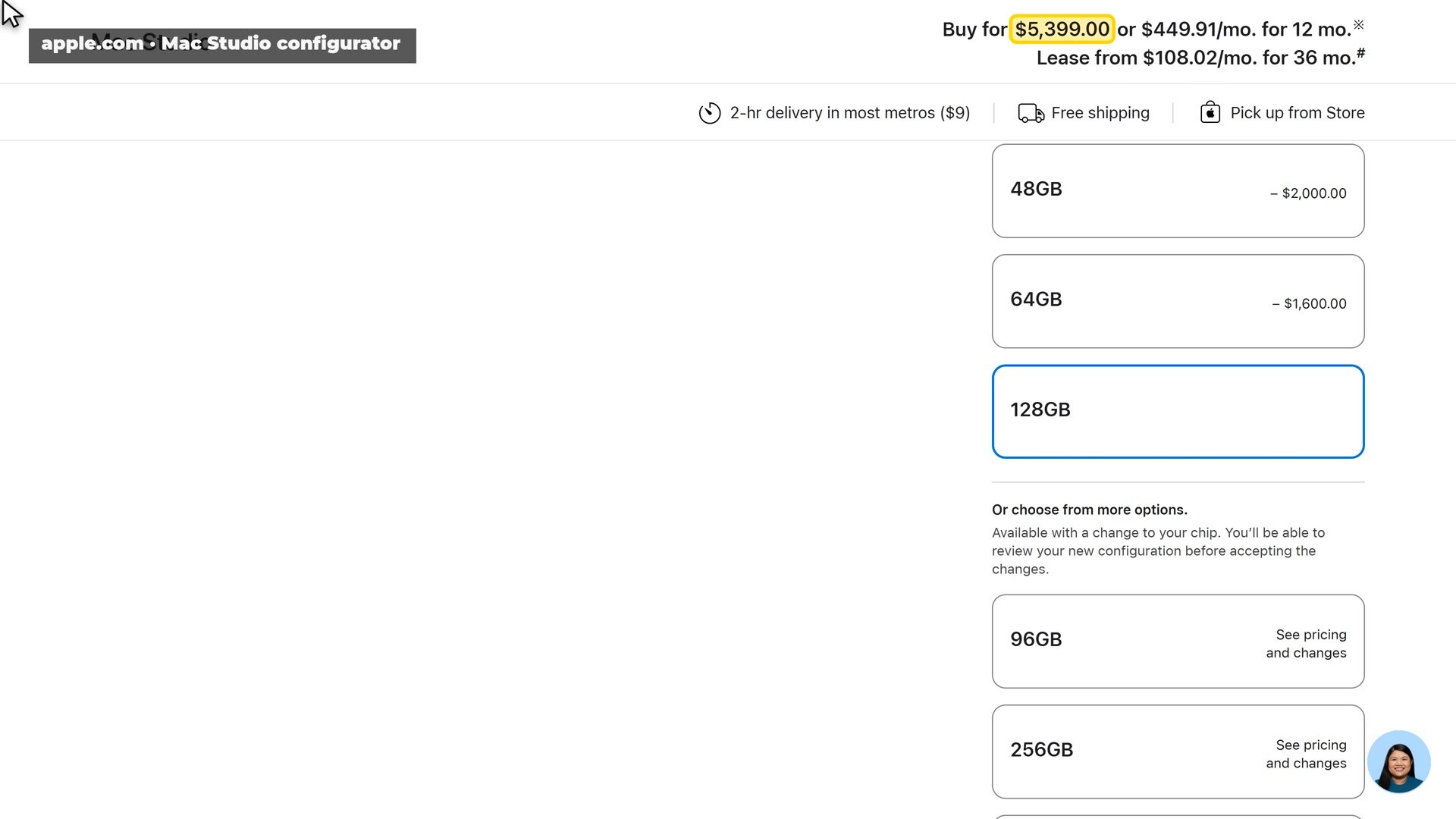 The Mac Studio configurator: going from 64 to 128 GB adds $1,600.