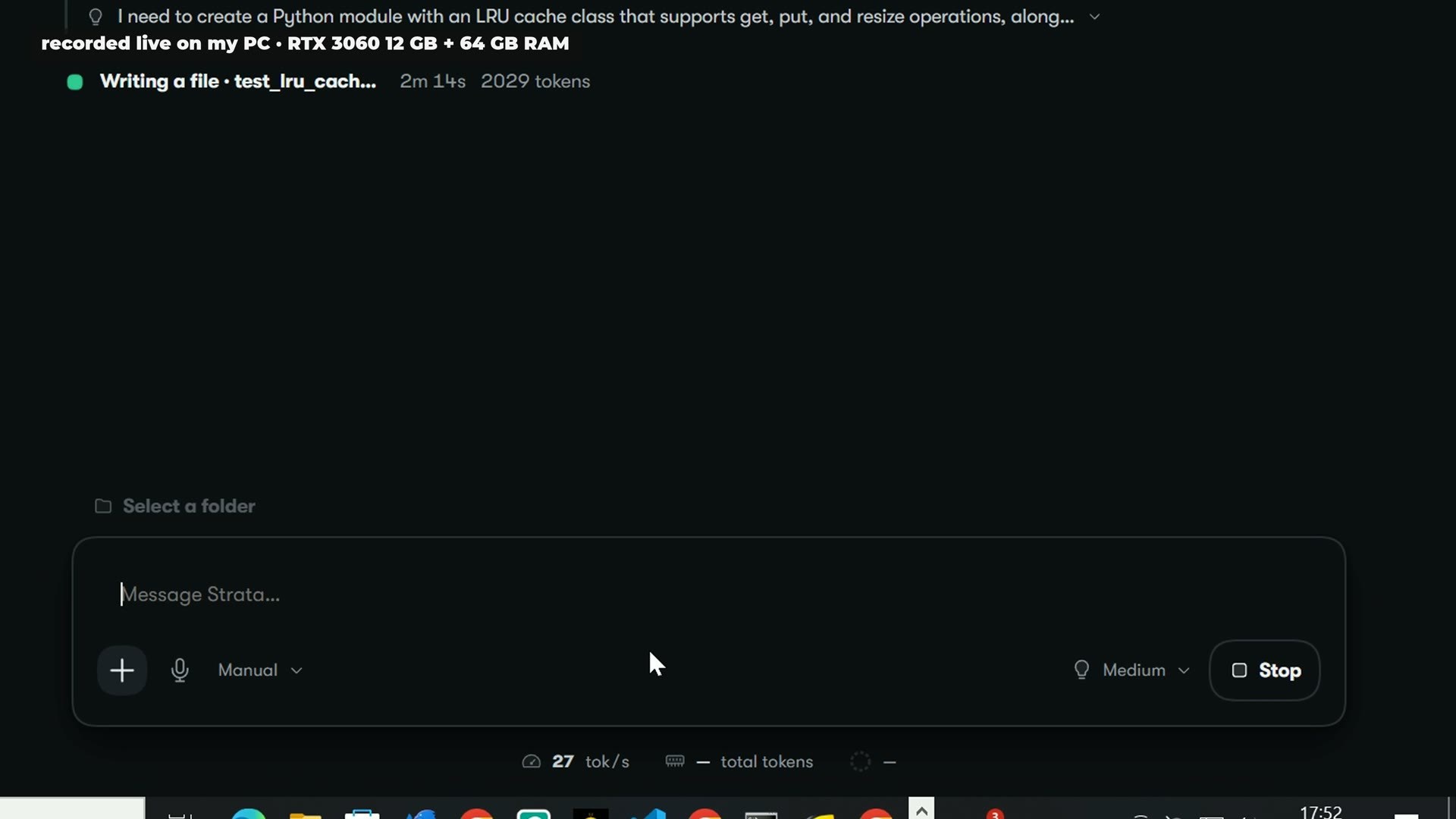 Strata 0.2.7 writing the LRU cache module on my RTX 3060, recorded live.